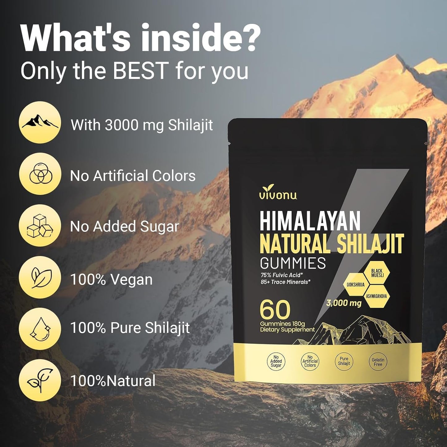 VivoNu Shilajit* Gummies,Pure Himalayan* micronutrient Supplement, Himalayan Premium Ingredient with Shilajit, Ashwagandha, Gokshura, Fulvic Acid & 85+ Trace Minerals I for Men & Women (4000MG/1 Bag)
