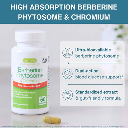 Igennus Dual Action Berberine Phytosome 550mg & Chromium Picolinate, 10x Absorption, Blood Glucose Control, Standardized Berberis Extract Supplement, Clean Label, Vegan, 60 Capsules