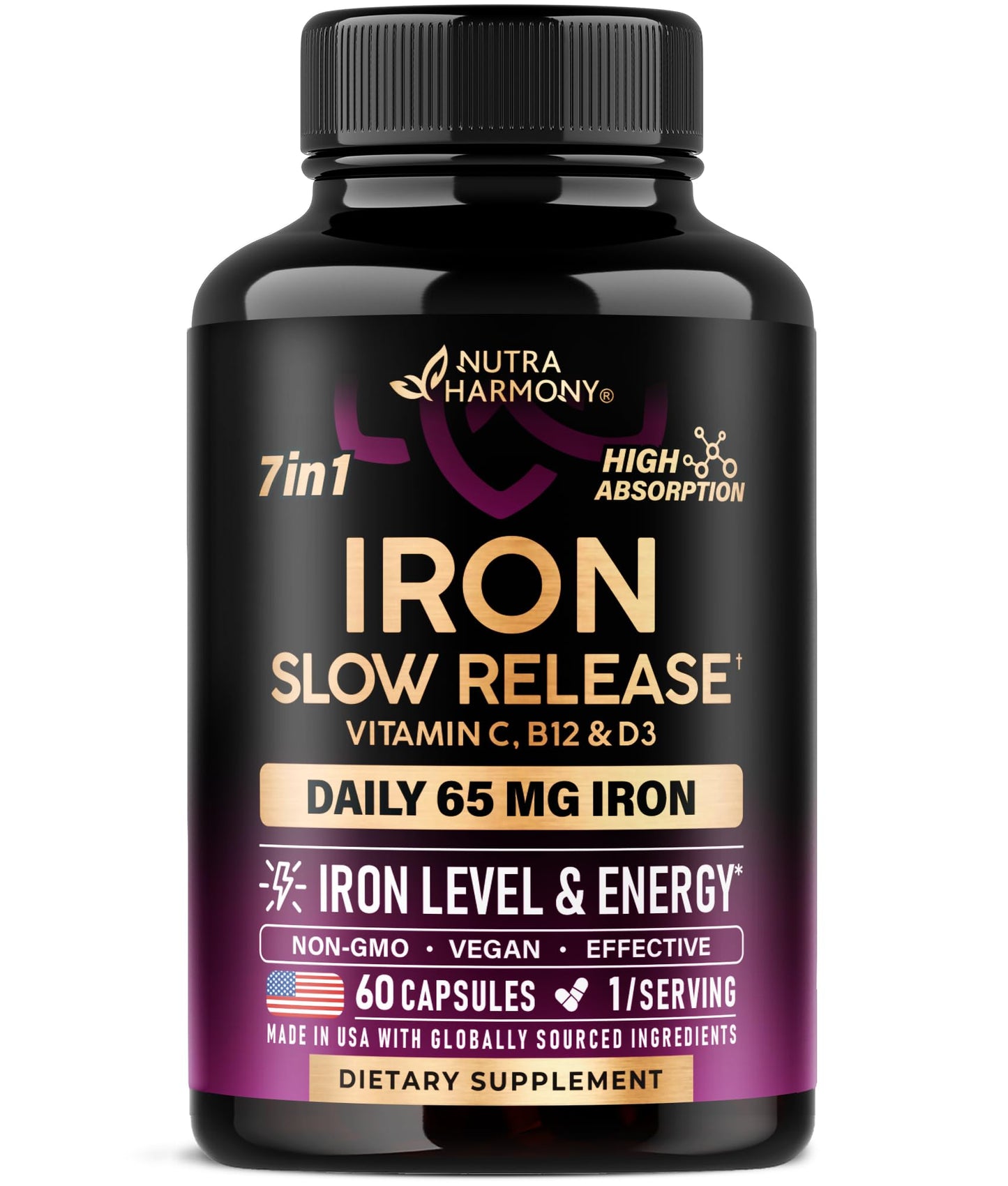 Iron Supplement for Women - Iron 65mg (Ferrous Sulfate 325mg) - Stomach Friendly | Slow Release | High Absorption - Vitamins C, D3, B6, B12 & Folate - Energy Support - 60 Capsules, 2 Month Supply