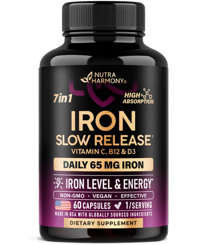 Iron Supplement for Women - Iron 65mg (Ferrous Sulfate 325mg) - Stomach Friendly | Slow Release | High Absorption - Vitamins C, D3, B6, B12 & Folate - Energy Support - 60 Capsules, 2 Month Supply
