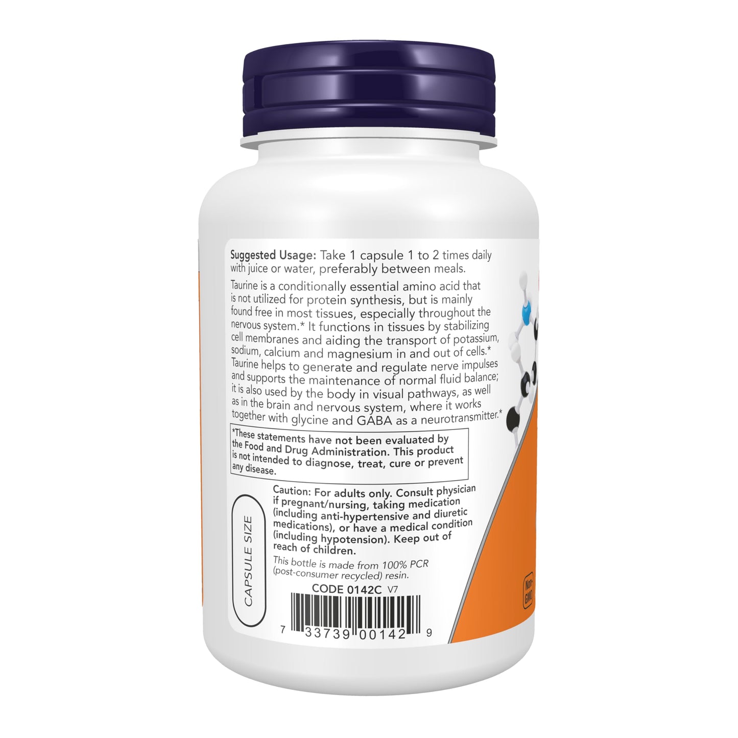 NOW Supplements, Taurine 1,000 mg, Double Strength, Nervous System Health*, 100 Veg Capsules