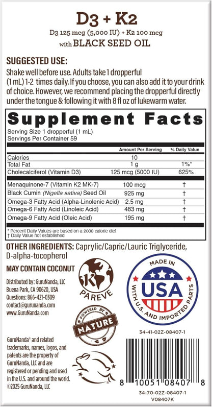 GuruNanda Black Seed Oil, Cold-Pressed Nigella Sativa - Rich in Vitamin D3 5000 Units, K2 & E, High Thymoquinone | Potent Antioxidant for Immune Support, Non-GMO, 2 Fl.oz