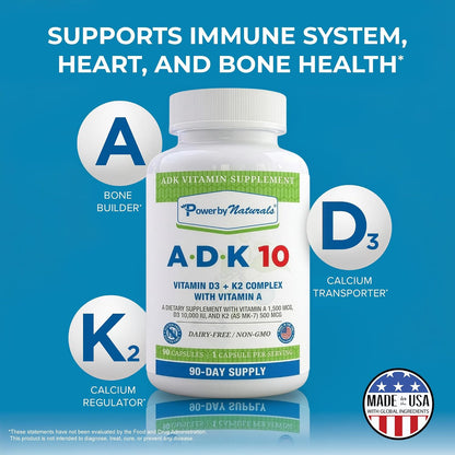 Power By Naturals ADK 10 Vitamin Supplement – Vitamins A, D3 & K2 MK-7 for Bone, Heart & Immune Health – Gluten-Free, Soy-Free – 90 Capsules (3-Month Supply)