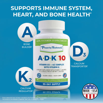 Power By Naturals ADK 10 Vitamin Supplement – Vitamins A, D3 & K2 MK-7 for Bone, Heart & Immune Health – Gluten-Free, Soy-Free – 90 Capsules (3-Month Supply)