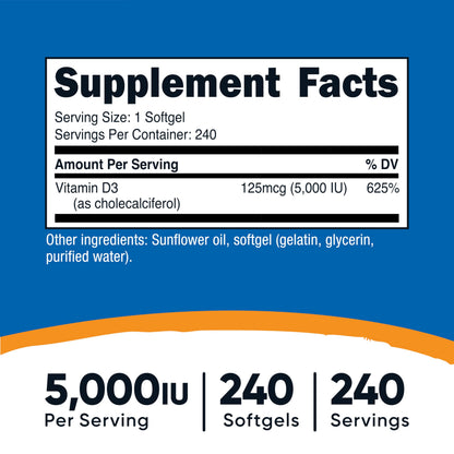 Nutricost Vitamin D3 5,000 IU (125mcg), 240 Softgels, GMO-Free | Gluten Free Vitamin D