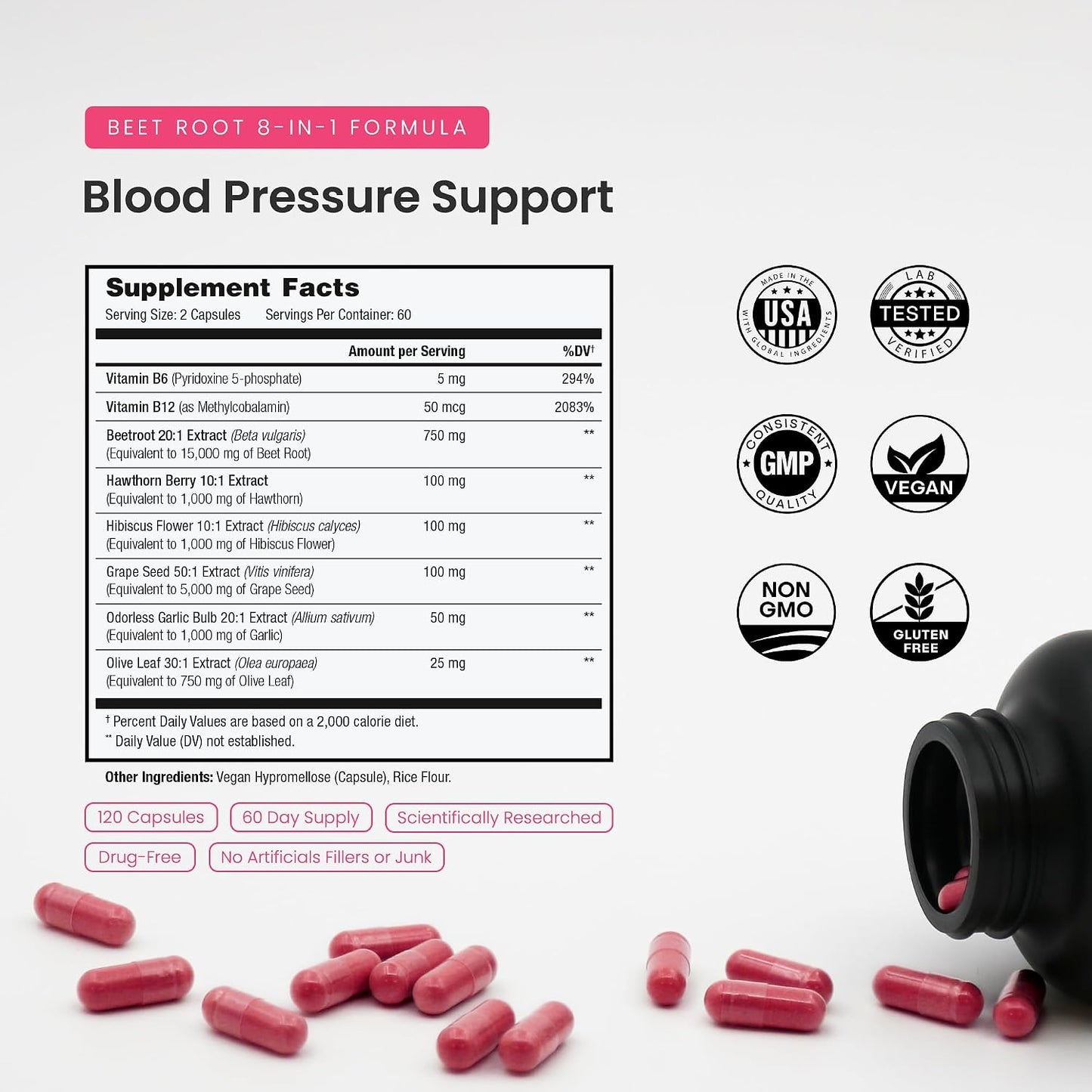 8-in-1 Beet Root Capsules - Healthy Blood Pressure Support Supplement** for Heart & Circulation, Energy Support - Hawthorn Berry, Hibiscus, Garlic & Grape Seed - Beet Juice Alternative - 120 Capsules