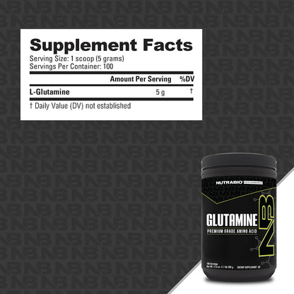 NutraBio Pure L-Glutamine Powder, 100 Servings L-Glutamine Supplement, Amino Acid, Pure Grade, Glutamina, Absolutely no Additives, Fillers or Excipients, Muscle Recovery Supplement - (500 Grams)