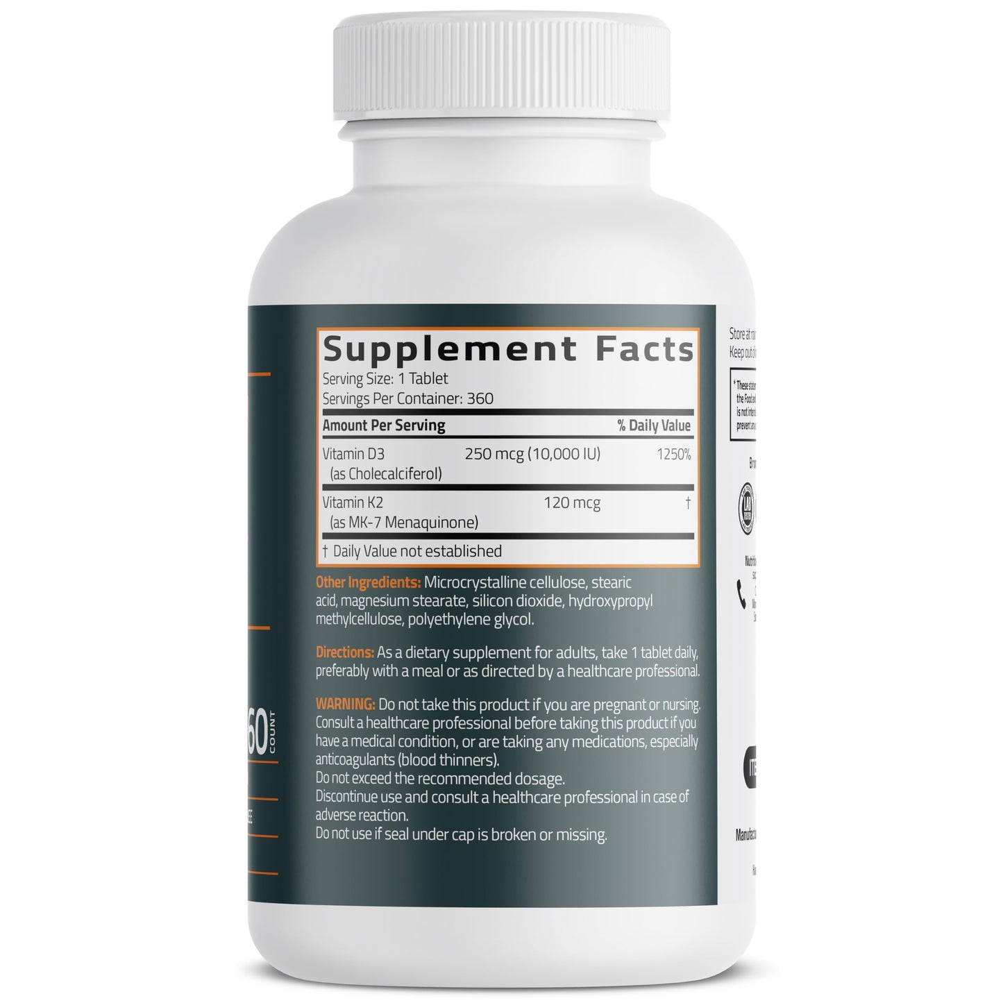 Bronson Vitamin K2 (MK7) with D3 Supplement Extra Strength 2 in 1 Support, 10,000 IU Vitamin D3 & 120 mcg K2 MK-7, 120 Tablets