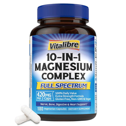 Vitalibre 10 in 1 Magnesium Complex, 420mg Elemental Magnesium 120 Capsules | Ultra Strength, Max Absorption | Chelated Magnesium Supplement for Women Men Nerves, Bone & Heart Health | Non-GMO
