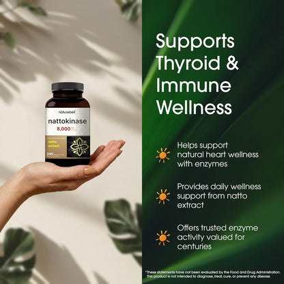 NatureBell Nattokinase - 240 Capsules - 8,000 FU Max Strength from Fermented Natto Extract - for Heart Health, Healthy Circulation & Daily Wellness Support*
