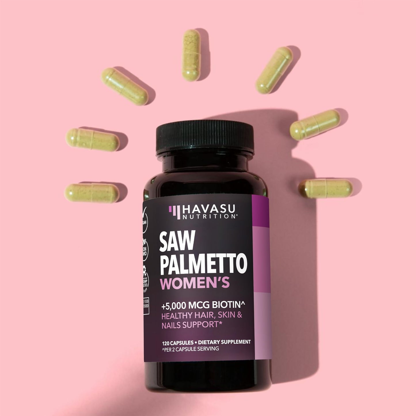 Saw Palmetto for Women with Bitoin 5000mcg Per Serving, 30-Day Supply | Vegan, Non-GMO DHT Blocker for Women for Hair, Skin and Nails, Saw Palmetto Extract with Biotin for Thicker Looking Hair