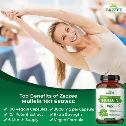 Zazzee Extra Strength Mullein Leaf 10:1 Extract, 120 Vegan Capsules, 4 Month Supply, Verbascum Thapsus, Respiratory & Lung Support, Certified Kosher, 100% Pure Leaf Powder, Non-GMO, Made in the USA