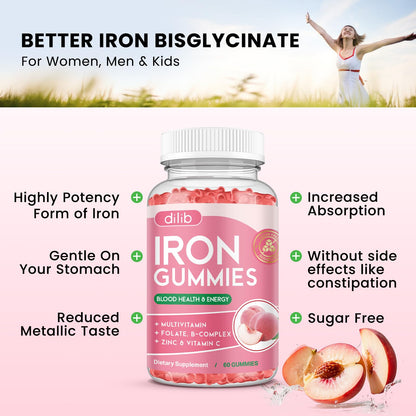 Iron Gummies with Multivitamin, Iron Supplement for Women & Men with Zinc, Vitamin B Complex & C, B12, Folate - Blood Builder & Energy Support for Adults & Kids - Strawberry Flavor, Vegan 60 Gummies