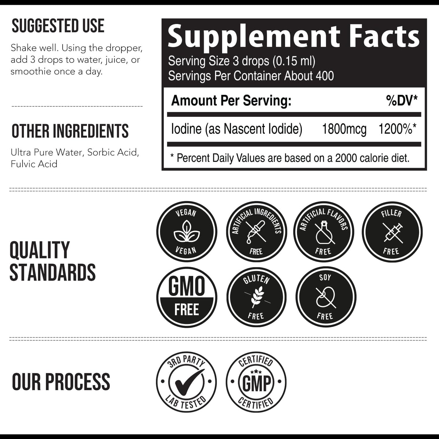 Nascent Iodine Supplement 400 Servings, Glass Bottle, Vegan, 1800 mcg - 600 mcg per Drop - Pure, Clear Color - Supports Thyroid Health, Energy, Immunity & Metabolism (2 oz.)