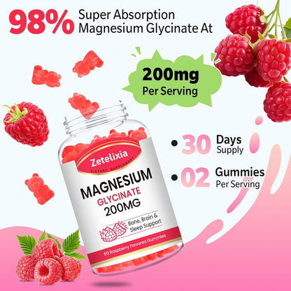 200MG Magnesium Glycinate Gummies, High Absorption Magnesium Glycinate Supplements for Relaxation, Raspberry Flavor 60 Count