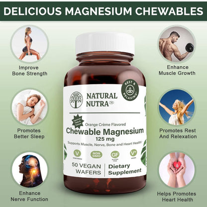 Natural Nutra Chewable Magnesium Supplement with Citrate and Chelate for Kids and Adults, Promotes Better Sleep, Best Pure Mag Chew for Muscle, Nerve, Bone, and Heart Health, 125mg, 50 Vegan Wafers