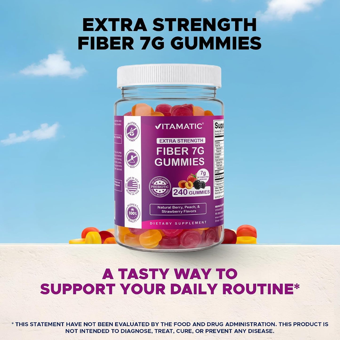 Vitamatic Prebiotic Fiber Gummies for Adults, 7G Extra Strength, Zero Sugar Added, 240 Pectin Based Gummies, Digestive Health & Regularity Support