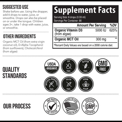 Organic Vitamin D3 5,000 IU - 100% Whole Food & Plant-Based Cholecalciferol Form, 100% Vegan Vitamin D - Enhanced with Prebiotic & Superfood Complex – Organic, Vegan, GMO & Gluten Free (60 Capsules)