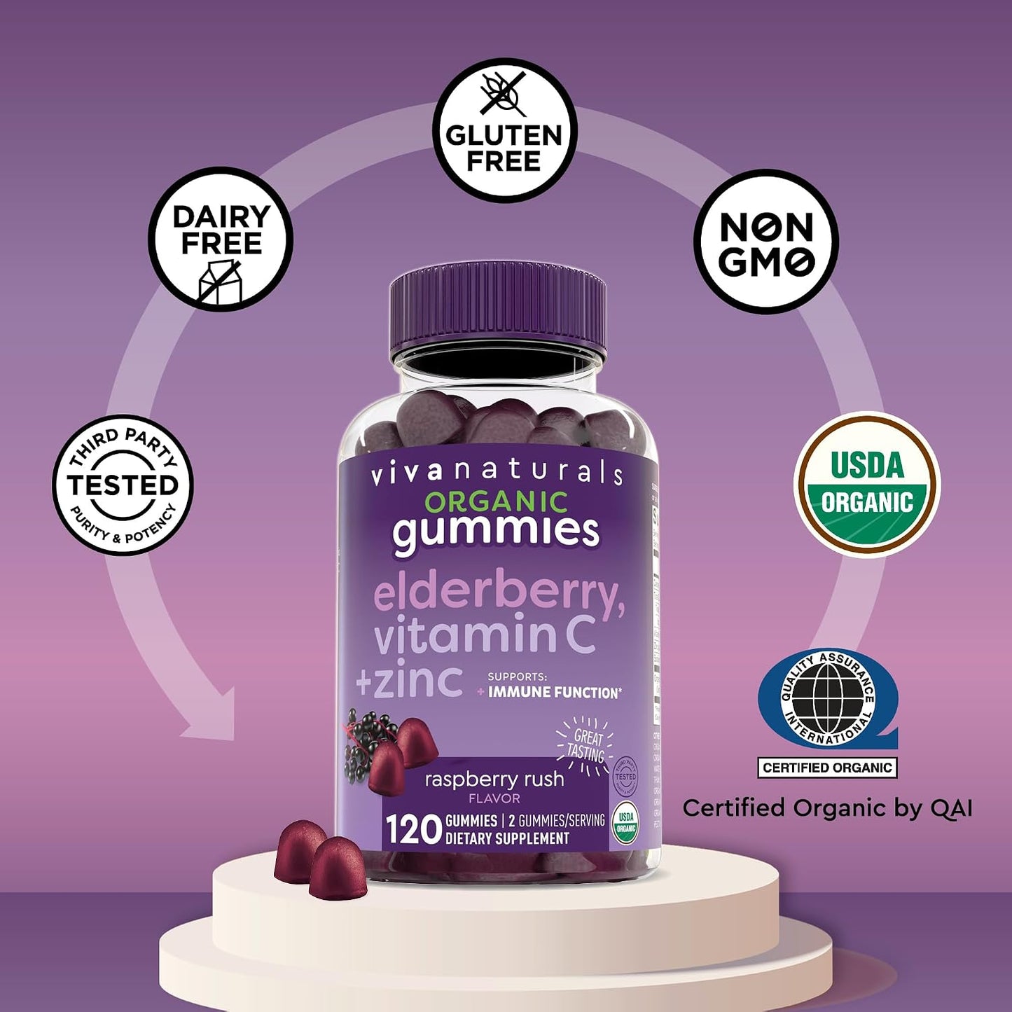 Viva Naturals Black Elderberry Vitamin C and Zinc Immune Support Gummies for Adults, Sambucus Elderberry Gummies with Raspberry Rush Flavor, USDA Organic, Non-GMO, (120 Count)