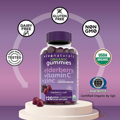 Viva Naturals Black Elderberry Vitamin C and Zinc Immune Support Gummies for Adults, Sambucus Elderberry Gummies with Raspberry Rush Flavor, USDA Organic, Non-GMO, (120 Count)