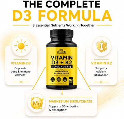 HerbaMe Vitamin D3 5000 IU + K2 with Magnesium Bisglycinate | Complete D3 Activation & Absorption Support Formula | Bone, Muscle & Immune Wellness | 90 Capsules