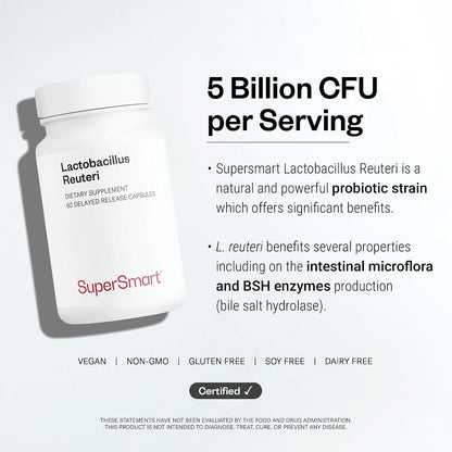 Supersmart - Lactobacillus Reuteri 5 Billion CFU per Day - Probiotic Supplement | Non-GMO & Gluten Free - 60 DR Capsules | 5 billion UFC per day - Contributes to the Health of Intestinal Transit - GMO Free - 60 DR Caps™ - Without