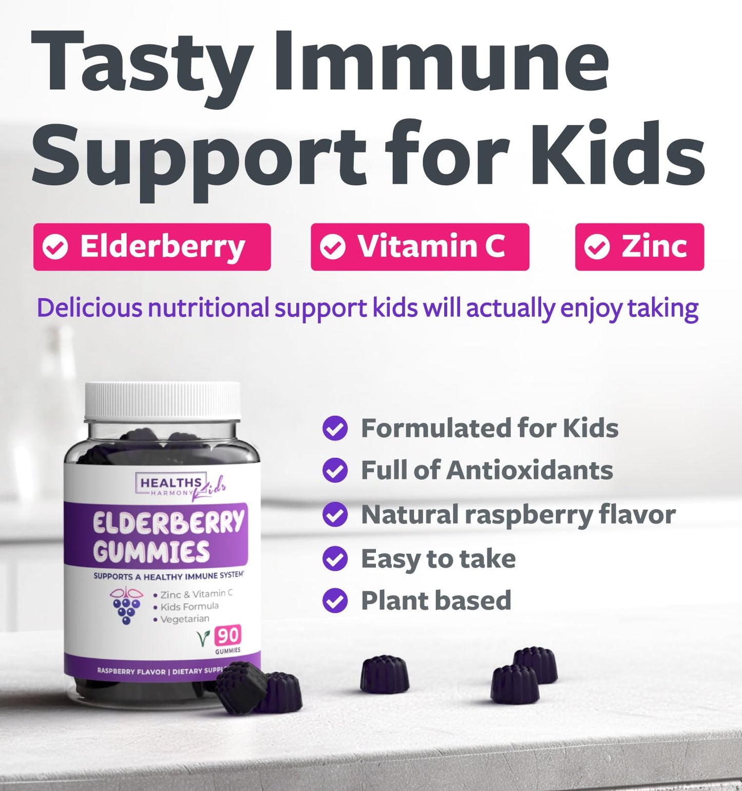 Vegan Sambucus Elderberry Gummies for Adults - Black Elderberry Vitamin C and Zinc Gummies for Daily and Seasonal Wellness - Delicious and Nutritious Immune Support Gummy (1 Month Supply)