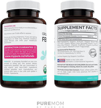 USDA Organic Fenugreek Capsules for Women - Effective Lactation Supplement for Increased Breast Milk Supply - Herbal Breastfeeding Support for Mothers - Gluten Free - 60 Vegan Capsules (No Pills)