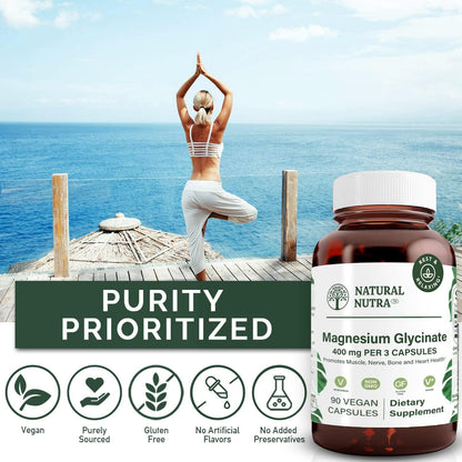 Natural Nutra Magnesium Glycinate 400 mg Supplement, Promotes Cardiovascular Health, Vegan, Helps Improve Bone Health, Soy Free, 90 Capsules