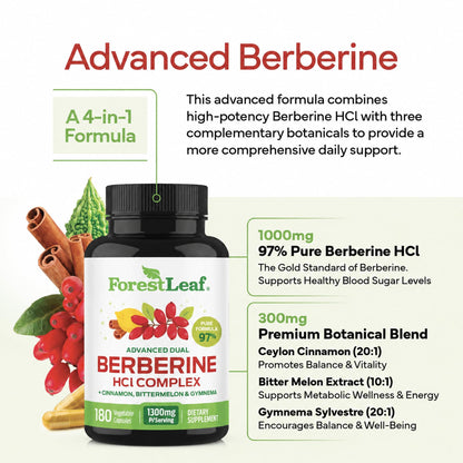 ForestLeaf Berberine Supplement - 1300mg per Serving - Ultra High Potency Berberine HCl with Ceylon Cinnamon, Bitter Melon & Gymnema - GLP-1 Weight Management Support - 90 Caps