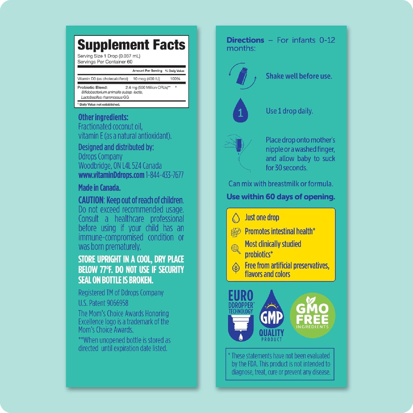 Ddrops Baby Probiotic with Vitamin D, 60 Drops - Colic Symptom Relief for Newborns and Infants - Easy-to-Use, Just One Drop Daily, No Sugar, Non-GMO, Allergy-friendy