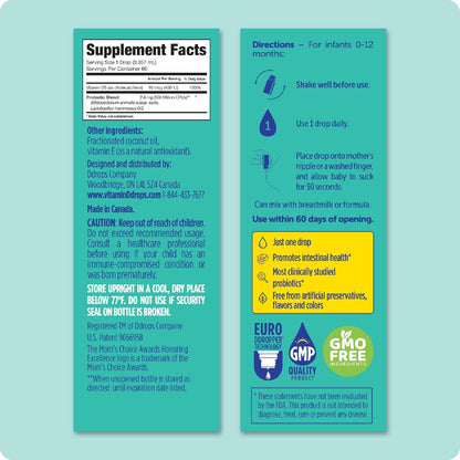 Ddrops Baby Probiotic with Vitamin D, 60 Drops - Colic Symptom Relief for Newborns and Infants - Easy-to-Use, Just One Drop Daily, No Sugar, Non-GMO, Allergy-friendy