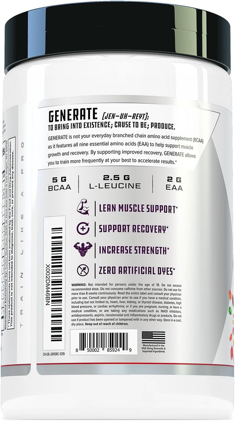 Cutler Nutrition Generate Sour Rainbow Candy BCAA EAA Powder, 30 Servings | 12.95 oz | 5g BCAAs and 2g EAAs per serving for post-workout recovery, hydration, lean muscle support and protein synthesis