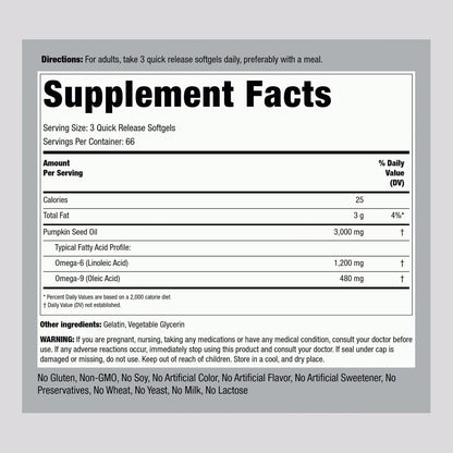 Piping Rock Pumpkin Seed Oil Softgel Capsules | 200 Count | Cold Pressed Herbal Supplement | Extra Virgin with Omega 6 and 9 | Non-GMO, Gluten Free