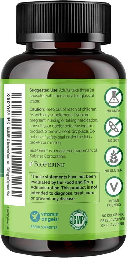 NATURELO Turmeric Curcumin - BioPerine for Better Absorption - Black Pepper, Ginger Root, Curcuminoids - Plant-Based Joint Discomfort Support - 120 Vegan Capsules (Pack of 2)