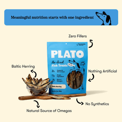 Plato Single Ingredient Wild-Caught Baltic Herring Dog Treats, Air-Dried Whole Fish, Omega-Rich Skin & Coat Support, 8.5 oz