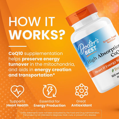 Doctor's Best High Absorption CoQ10 with BioPerine Supplement - Coenzyme Q10 Softgels for Heart Health & Antioxidant Support, Naturally Fermented CoQ10 100mg for Women & Men, Non GMO - 120 Softgels
