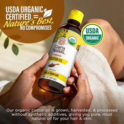 GuruNanda Castor Oil USDA Certified Organic, Pure & Natural, 8 fl oz