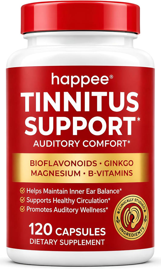 Happee Tinnitus Supplement for Ringing Ears, Bioflavonoids & Ginkgo, 120ct | Flavonoids Plus Essential Nutrient, Daily Support for Inner Ear Health & Microcirculation, NO Dyes, Clean Label