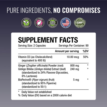 Approved Science VertiSyl - Ginkgo Biloba, Ginger, Vitamin D3, BioPerine - 60 Capsules - 1 Month Supply