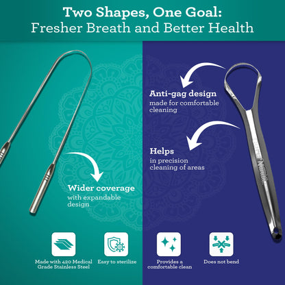 GuruNanda Stainless Steel Tongue Scraper (Pack of 2), Fight Bad Breath, Medical Grade 100% Stainless Steel Tongue Cleaner, Tongue Scraper For Adults and Kids, Great For Oral Care, Travel Friendly