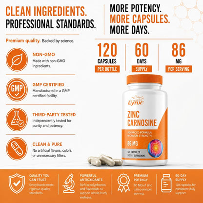 Zinc Carnosine 86 mg – Clinically Studied Zinc + L-Carnosine Complex for Gut Lining & Stomach Support | 120 Capsules (60-Day Supply) | Digestive Comfort, Mucosal Repair & Balance | Non-GMO