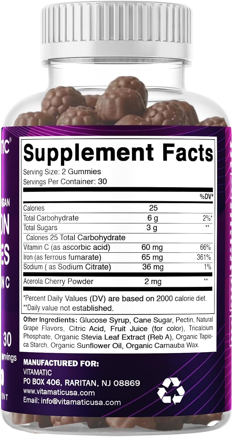 Vitamatic Iron 65 mg with Vitamin C - 60 Vegan Gummies, Made in USA | 65 mg Iron Per Serving, Natural Grape Flavor, Pectin Based, Gluten Free, Non-GMO