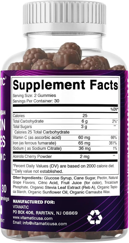 Vitamatic Iron 65 mg with Vitamin C - 60 Vegan Gummies, Made in USA | 65 mg Iron Per Serving, Natural Grape Flavor, Pectin Based, Gluten Free, Non-GMO