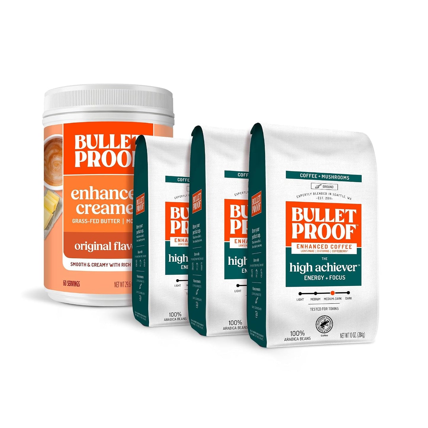 Bulletproof The High Achiever Ground Mushroom Coffee, 10oz (Pack of 3), High Caffeine with Lion's Mane, B Vitamins and Adaptogens for Energy & Focus, Medium-Dark Roast and Bulletproof Original Creamer