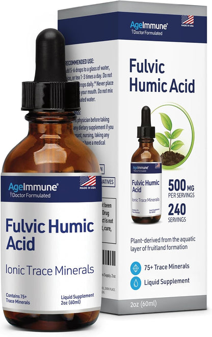 Fulvic Humic Acid 75 + Ionic Trace Minerals - Plant Derived in USA - Fulvic Acid Minerals Liquid Concentrate for Energy, Gut Health and Hydration- 500 mg of Fulvic Humic Acid per Serving - 2 oz.