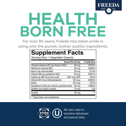FREEDA Super B-50 Complex with Choline & Inositol for Metabolism – 250 Caps | Supports Energy, Immune & Nervous System, & Whole Body Wellness – Kosher, Gluten-Free, Vegan, & Made in USA