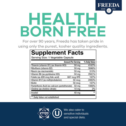 FREEDA Super B-50 Complex with Choline & Inositol for Metabolism – 250 Caps | Supports Energy, Immune & Nervous System, & Whole Body Wellness – Kosher, Gluten-Free, Vegan, & Made in USA