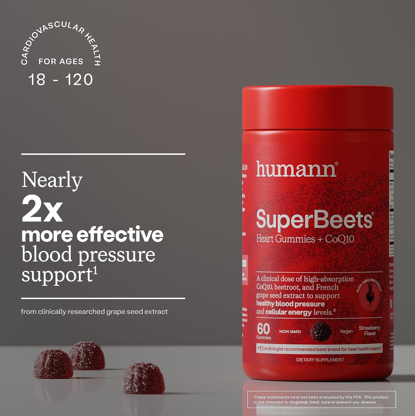 Humann SuperBeets 3-in-1 Heart Gummies - 3x Absorption CoQ10 - Plus Beetroot Extract & Grape Seed Extract for Advanced Heart Health, Cellular Energy & Circulation Support, Vegan, Gluten Free, 60 count
