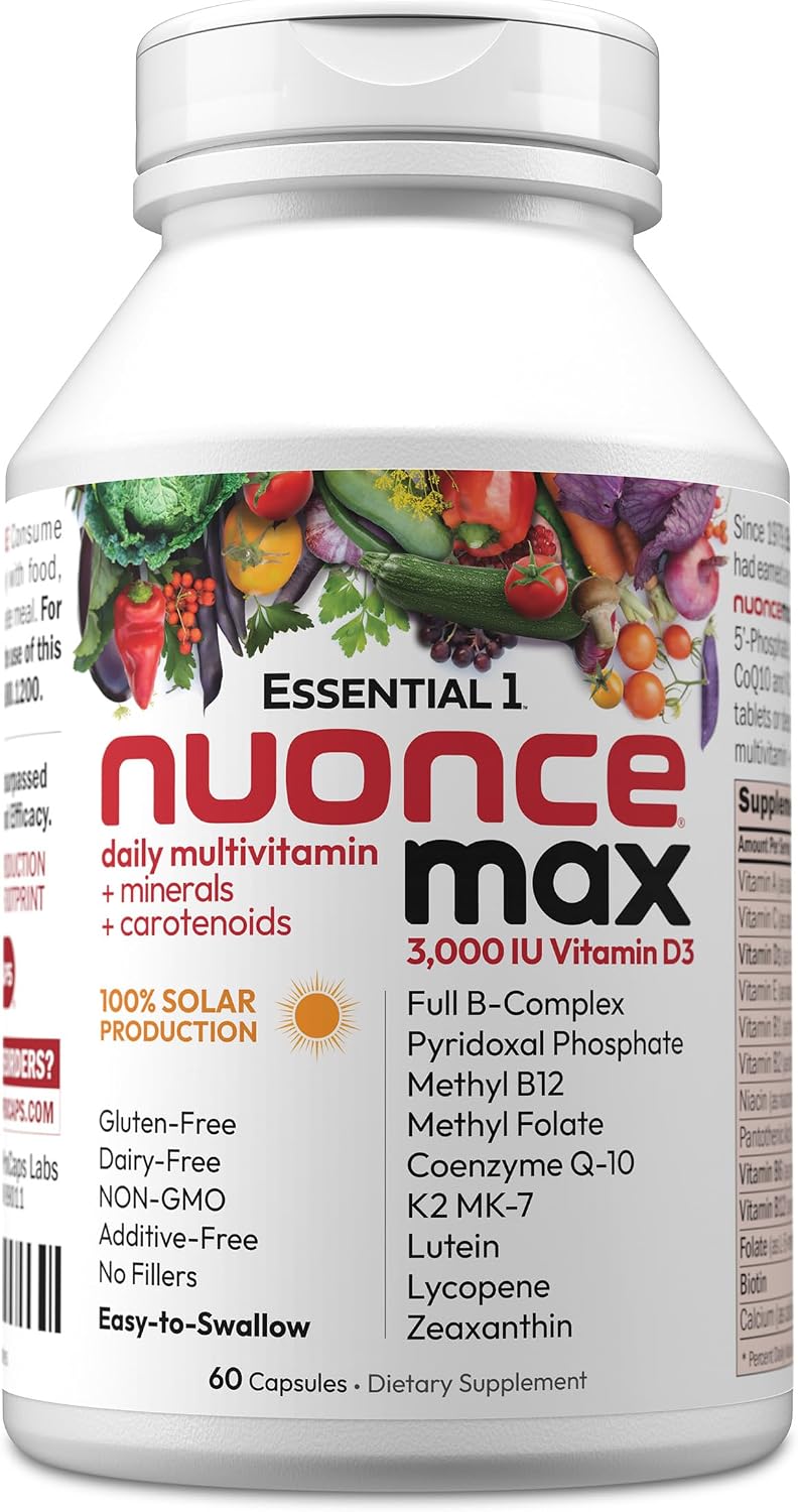 ANDREW LESSMAN Essential-1 nuonce max Multivitamin 3000 IU Vitamin D3 60 Small Capsules. 100 mcg Methyl B12. CoQ10 Lutein Lycopene Zeaxanthin. High Potency. No Additives. Ultra-Mild One Daily Capsule | Complete Daily Multivitamin & Mineral Formula with Es